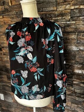 Tinsel Black Floral Blouse with Teal and Coral Accents